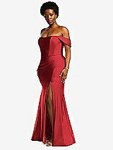 Alt View 2 Thumbnail - Poppy Red Off-the-Shoulder Corset Stretch Satin Mermaid Dress with Slight Train