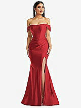 Front View Thumbnail - Poppy Red Off-the-Shoulder Corset Stretch Satin Mermaid Dress with Slight Train