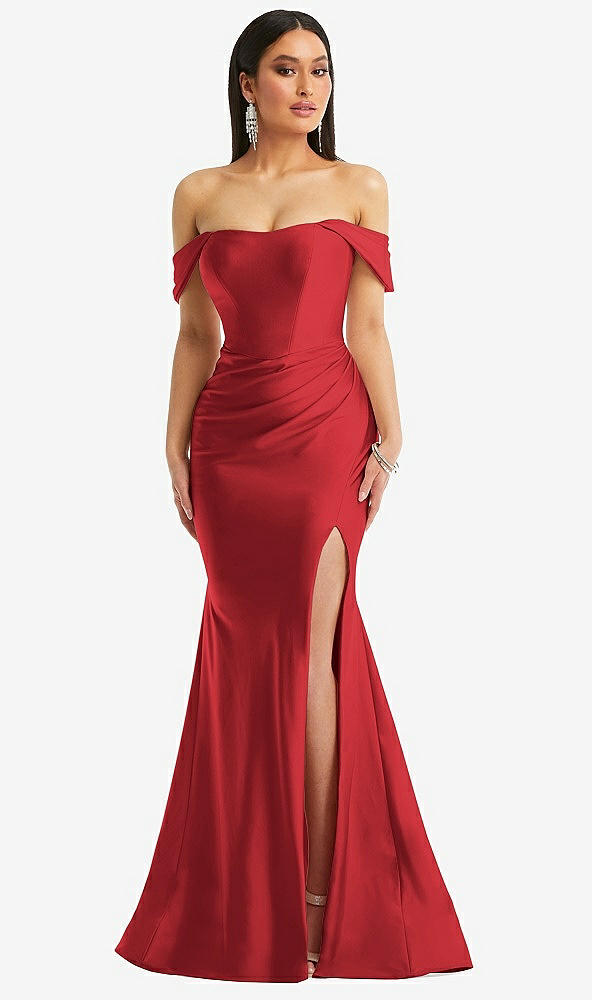 Front View - Poppy Red Off-the-Shoulder Corset Stretch Satin Mermaid Dress with Slight Train