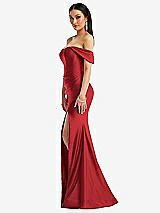 Side View Thumbnail - Poppy Red Off-the-Shoulder Corset Stretch Satin Mermaid Dress with Slight Train