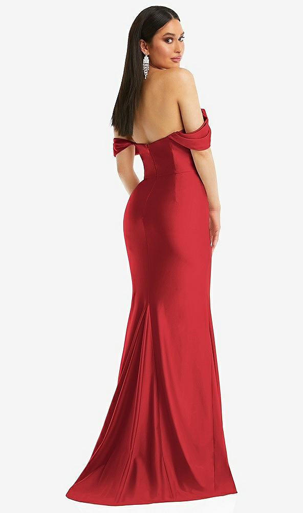 Back View - Poppy Red Off-the-Shoulder Corset Stretch Satin Mermaid Dress with Slight Train