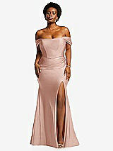 Alt View 1 Thumbnail - Toasted Sugar Off-the-Shoulder Corset Stretch Satin Mermaid Dress with Slight Train
