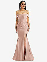 Front View Thumbnail - Toasted Sugar Off-the-Shoulder Corset Stretch Satin Mermaid Dress with Slight Train