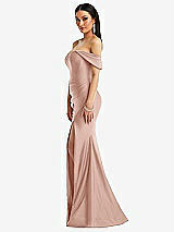 Side View Thumbnail - Toasted Sugar Off-the-Shoulder Corset Stretch Satin Mermaid Dress with Slight Train