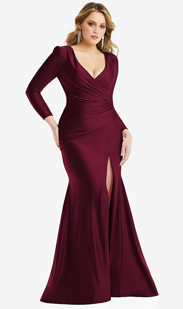 Front View - Cabernet Long Sleeve Draped Wrap Stretch Satin Mermaid Dress with Slight Train