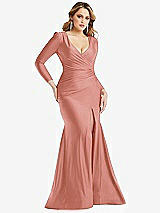 Front View Thumbnail - Desert Rose Long Sleeve Draped Wrap Stretch Satin Mermaid Dress with Slight Train
