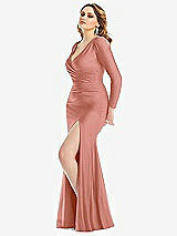 Side View Thumbnail - Desert Rose Long Sleeve Draped Wrap Stretch Satin Mermaid Dress with Slight Train
