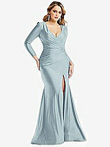 Front View Thumbnail - Mist Long Sleeve Draped Wrap Stretch Satin Mermaid Dress with Slight Train