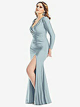 Side View Thumbnail - Mist Long Sleeve Draped Wrap Stretch Satin Mermaid Dress with Slight Train