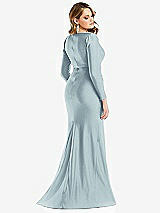 Rear View Thumbnail - Mist Long Sleeve Draped Wrap Stretch Satin Mermaid Dress with Slight Train