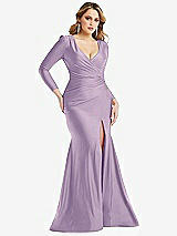 Front View Thumbnail - Pale Purple Long Sleeve Draped Wrap Stretch Satin Mermaid Dress with Slight Train