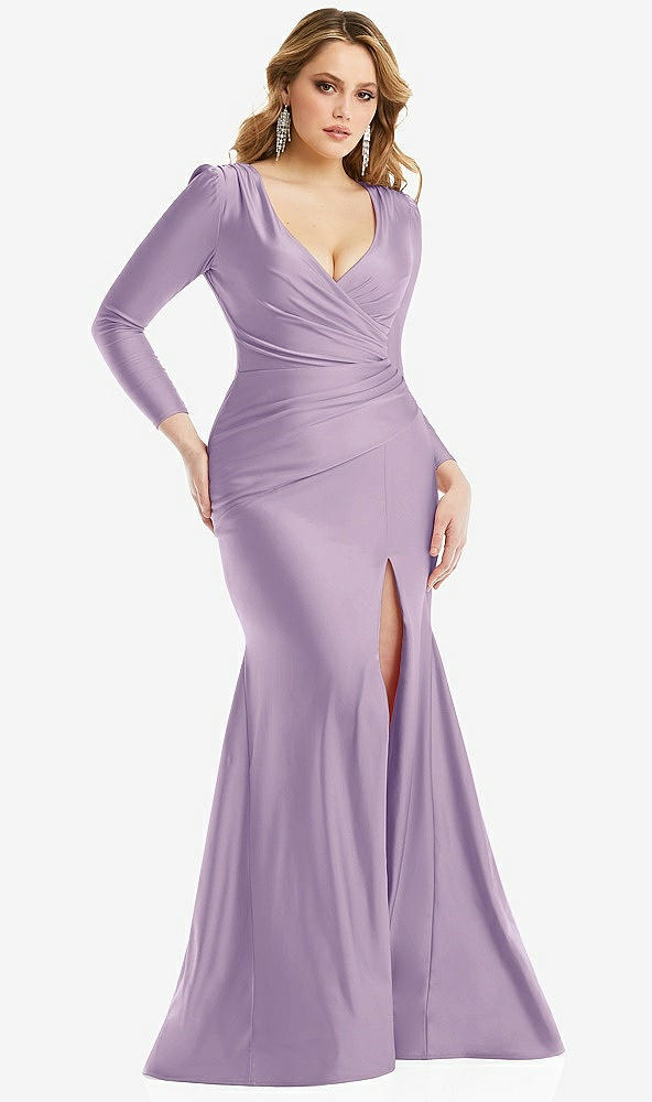 Front View - Pale Purple Long Sleeve Draped Wrap Stretch Satin Mermaid Dress with Slight Train