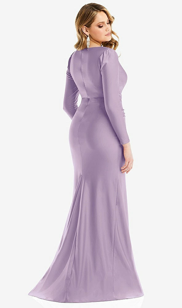 Back View - Pale Purple Long Sleeve Draped Wrap Stretch Satin Mermaid Dress with Slight Train