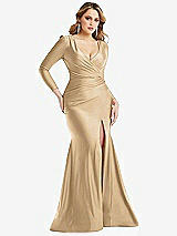 Front View Thumbnail - Soft Gold Long Sleeve Draped Wrap Stretch Satin Mermaid Dress with Slight Train