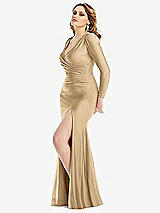 Side View Thumbnail - Soft Gold Long Sleeve Draped Wrap Stretch Satin Mermaid Dress with Slight Train