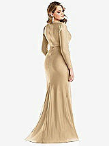Rear View Thumbnail - Soft Gold Long Sleeve Draped Wrap Stretch Satin Mermaid Dress with Slight Train