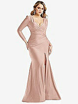 Front View Thumbnail - Toasted Sugar Long Sleeve Draped Wrap Stretch Satin Mermaid Dress with Slight Train