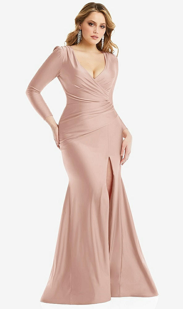 Front View - Toasted Sugar Long Sleeve Draped Wrap Stretch Satin Mermaid Dress with Slight Train
