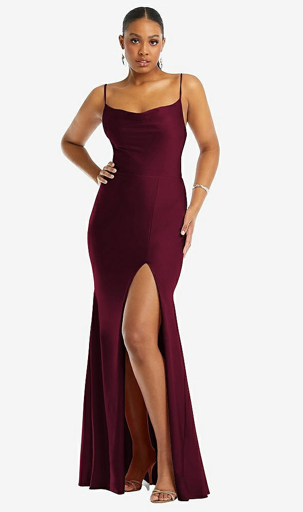 Front View - Cabernet Cowl-Neck Open Tie-Back Stretch Satin Mermaid Dress with Slight Train