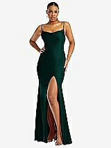Front View Thumbnail - Evergreen Cowl-Neck Open Tie-Back Stretch Satin Mermaid Dress with Slight Train
