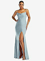 Front View Thumbnail - Mist Cowl-Neck Open Tie-Back Stretch Satin Mermaid Dress with Slight Train