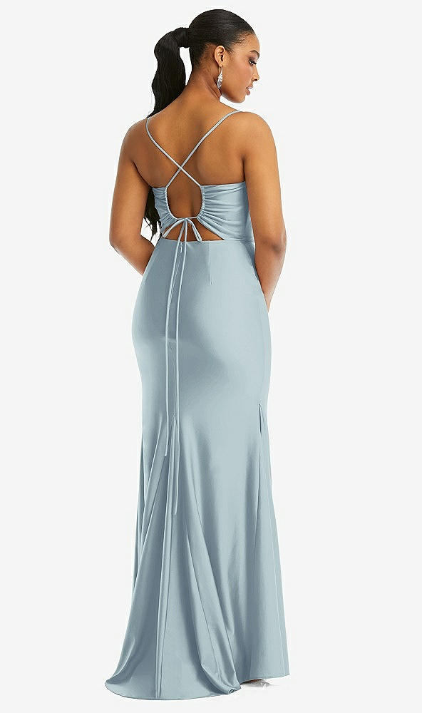 Back View - Mist Cowl-Neck Open Tie-Back Stretch Satin Mermaid Dress with Slight Train