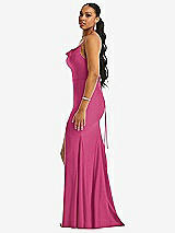 Side View Thumbnail - Tea Rose Cowl-Neck Open Tie-Back Stretch Satin Mermaid Dress with Slight Train