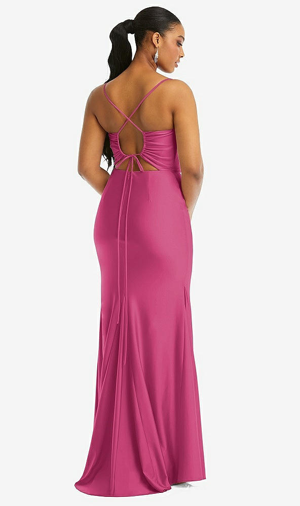 Back View - Tea Rose Cowl-Neck Open Tie-Back Stretch Satin Mermaid Dress with Slight Train