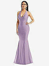 Front View Thumbnail - Pale Purple Plunge Neckline Cutout Low Back Stretch Satin Mermaid Dress