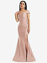Front View Thumbnail - Toasted Sugar One-Shoulder Bias-Cuff Stretch Satin Mermaid Dress with Slight Train