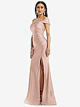 Side View Thumbnail - Toasted Sugar One-Shoulder Bias-Cuff Stretch Satin Mermaid Dress with Slight Train