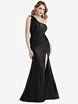 Front View Thumbnail - Black Cascading Bow One-Shoulder Stretch Satin Mermaid Dress with Slight Train
