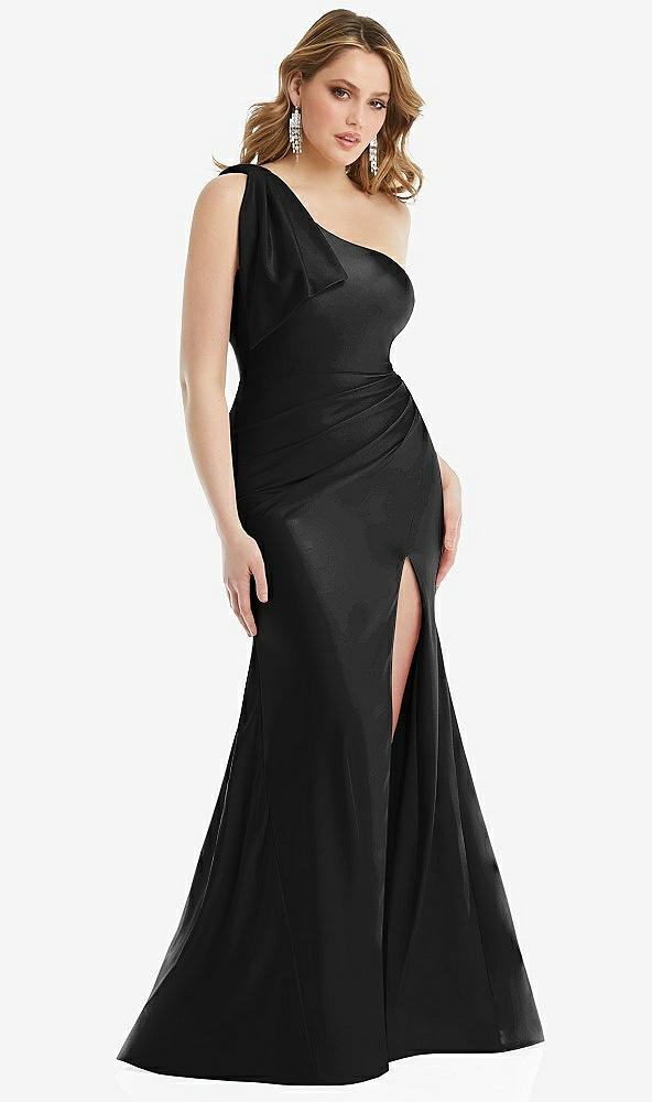 Front View - Black Cascading Bow One-Shoulder Stretch Satin Mermaid Dress with Slight Train