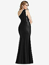 Rear View Thumbnail - Black Cascading Bow One-Shoulder Stretch Satin Mermaid Dress with Slight Train
