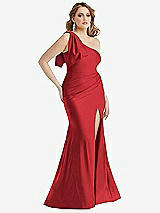 Alt View 1 Thumbnail - Poppy Red Cascading Bow One-Shoulder Stretch Satin Mermaid Dress with Slight Train