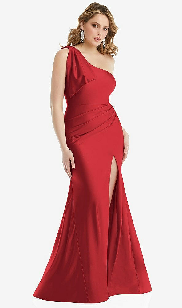 Front View - Poppy Red Cascading Bow One-Shoulder Stretch Satin Mermaid Dress with Slight Train