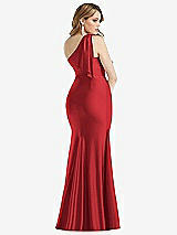 Rear View Thumbnail - Poppy Red Cascading Bow One-Shoulder Stretch Satin Mermaid Dress with Slight Train