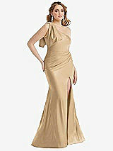 Alt View 1 Thumbnail - Soft Gold Cascading Bow One-Shoulder Stretch Satin Mermaid Dress with Slight Train