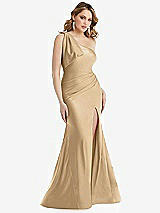 Front View Thumbnail - Soft Gold Cascading Bow One-Shoulder Stretch Satin Mermaid Dress with Slight Train