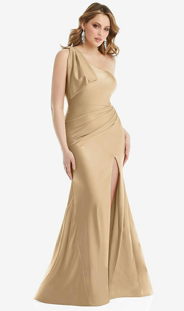 Front View - Soft Gold Cascading Bow One-Shoulder Stretch Satin Mermaid Dress with Slight Train
