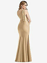 Rear View Thumbnail - Soft Gold Cascading Bow One-Shoulder Stretch Satin Mermaid Dress with Slight Train