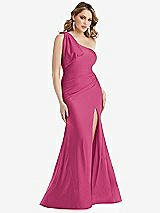 Front View Thumbnail - Tea Rose Cascading Bow One-Shoulder Stretch Satin Mermaid Dress with Slight Train