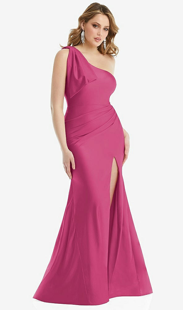 Front View - Tea Rose Cascading Bow One-Shoulder Stretch Satin Mermaid Dress with Slight Train