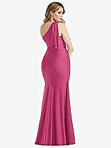 Rear View Thumbnail - Tea Rose Cascading Bow One-Shoulder Stretch Satin Mermaid Dress with Slight Train