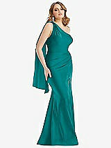Alt View 1 Thumbnail - Peacock Teal Scarf Neck One-Shoulder Stretch Satin Mermaid Dress with Slight Train