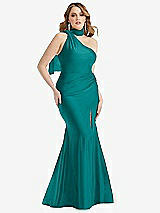 Front View Thumbnail - Peacock Teal Scarf Neck One-Shoulder Stretch Satin Mermaid Dress with Slight Train