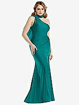 Side View Thumbnail - Peacock Teal Scarf Neck One-Shoulder Stretch Satin Mermaid Dress with Slight Train