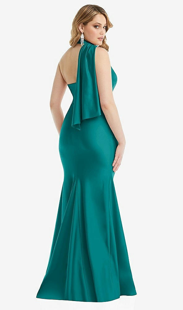 Back View - Peacock Teal Scarf Neck One-Shoulder Stretch Satin Mermaid Dress with Slight Train