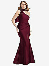 Front View Thumbnail - Cabernet Scarf Neck One-Shoulder Stretch Satin Mermaid Dress with Slight Train