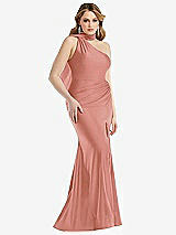 Side View Thumbnail - Desert Rose Scarf Neck One-Shoulder Stretch Satin Mermaid Dress with Slight Train